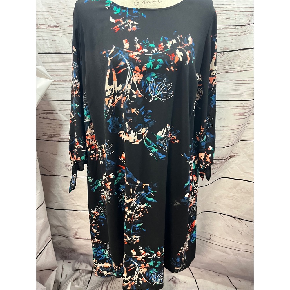 EVRI Womens 0X Black Floral Shift‎ Dress Long Sleeve Tie Cuff New WI91Y004PP